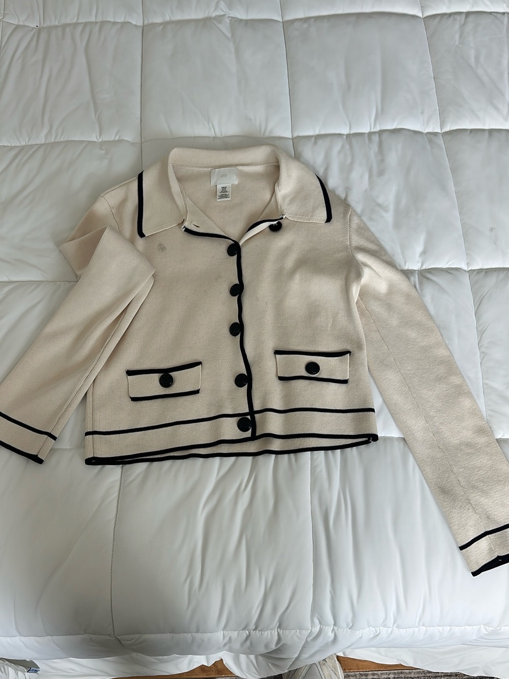 H&M Cream Knit Button-Up Cardigan with Black Trim